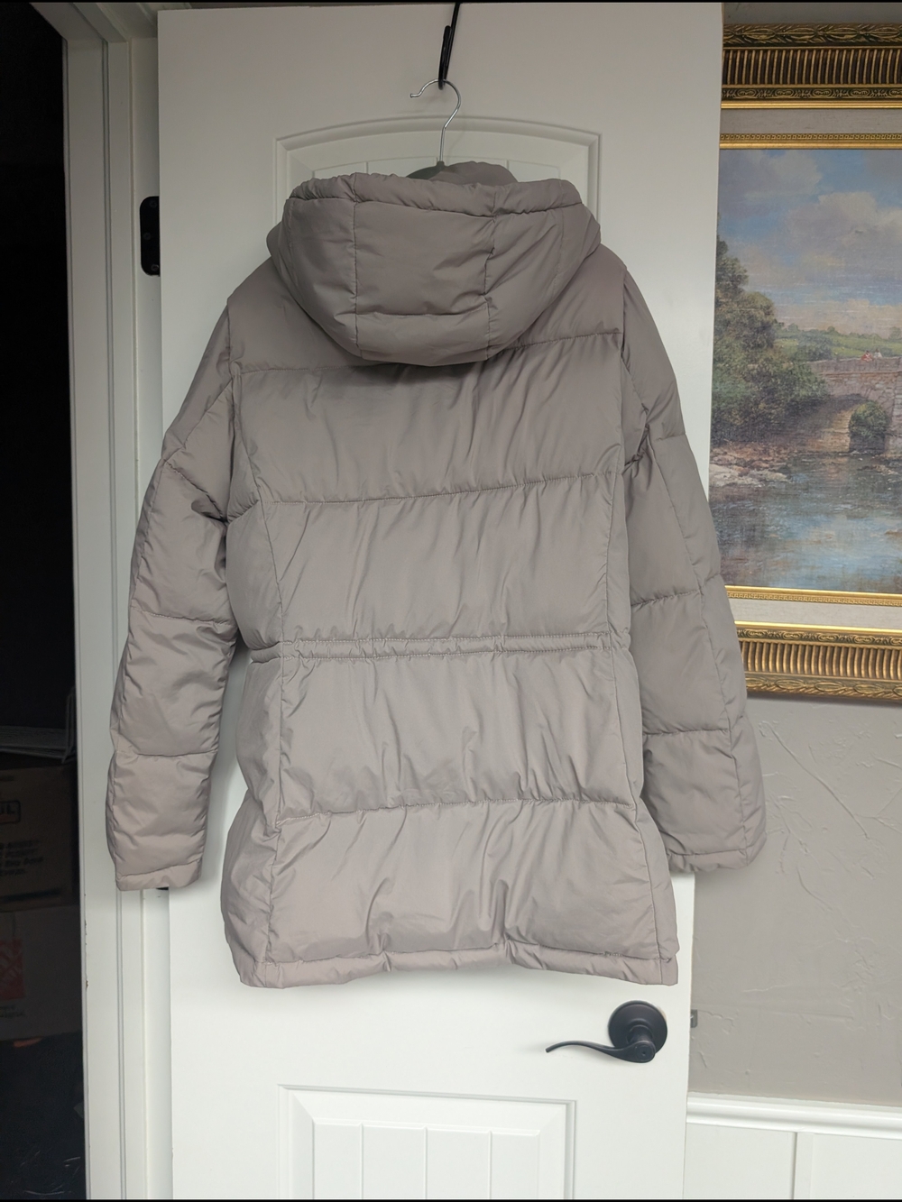 DKNY Taupe Hooded Puffer Jacket Coat Medium | Adjustable Waist Winter Parka - Picture 3 of 12